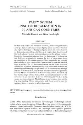 PARTY SYSTEM INSTITUTIONALIZATION in 30 AFRICAN COUNTRIES Michelle Kuenzi and Gina Lambright