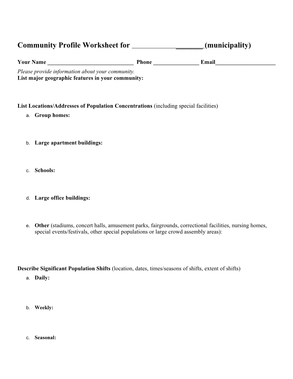Community Profile Worksheet for Covert Township, Van Buren County