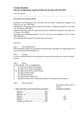 5-Jahres-Beschluss Über Die Ausübung Der Jagd Im Wallis Für Die Jahre 2016 Bis 2020 Vom 22