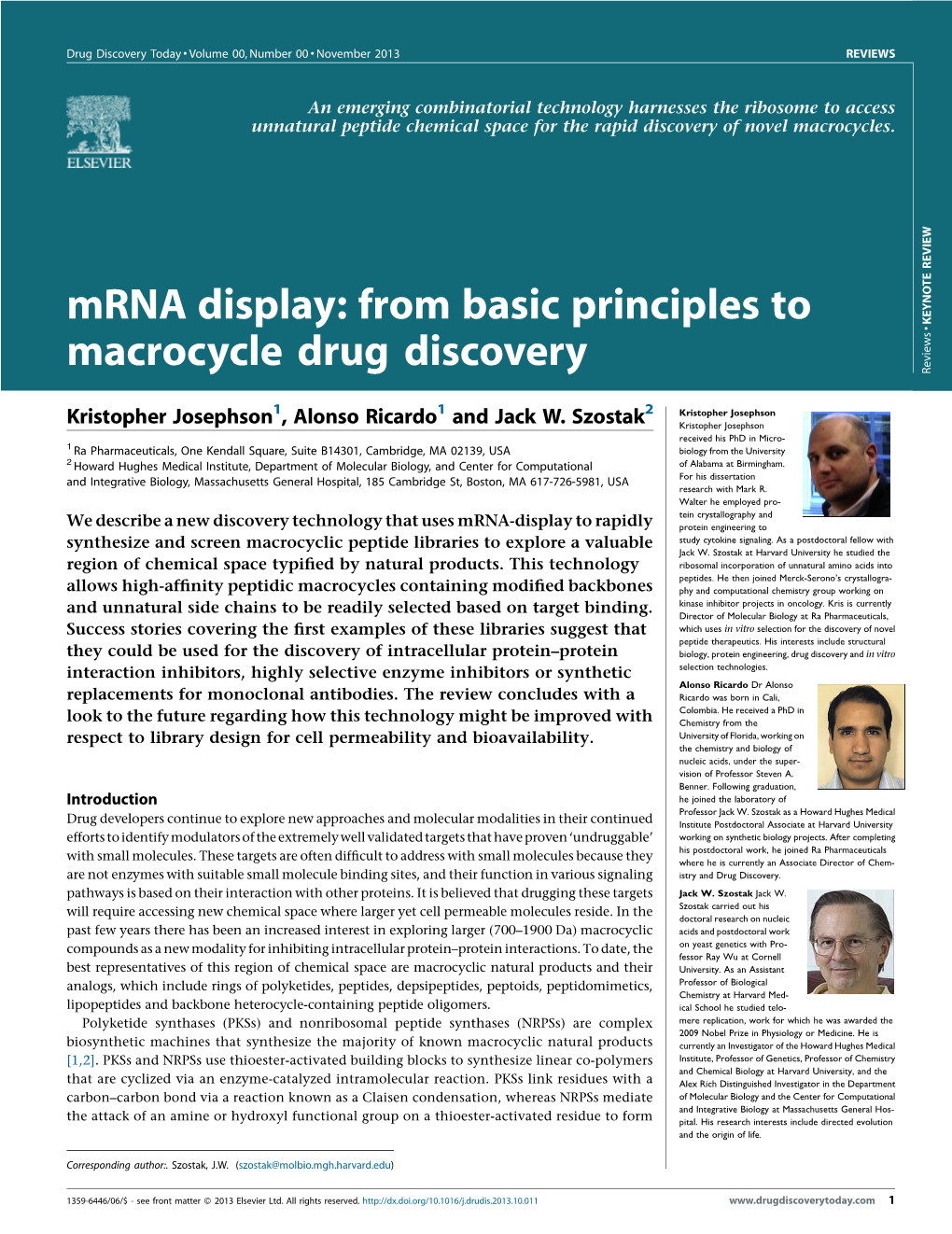 Mrna Display: from Basic Principles to KEYNOTE REVIEW