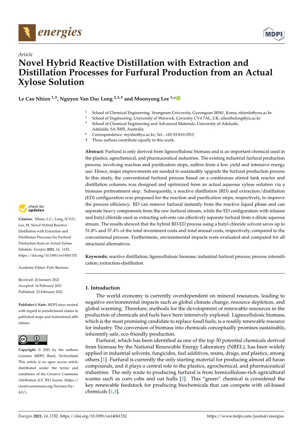 Novel Hybrid Reactive Distillation with Extraction and Distillation Processes for Furfural Production from an Actual Xylose Solution