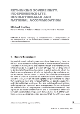 Rethinking Sovereignty. Independence-Lite, Devolution-Max and National Accommodation