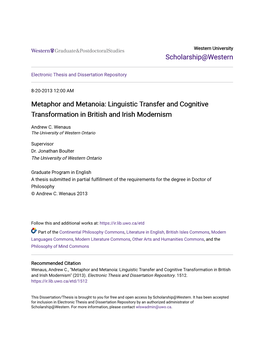 Metaphor and Metanoia: Linguistic Transfer and Cognitive Transformation in British and Irish Modernism