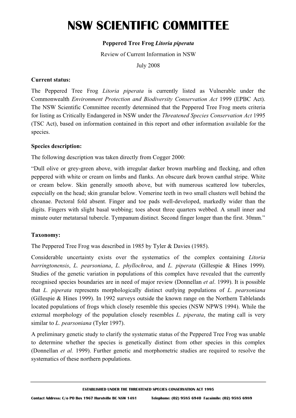 Peppered Tree Frog Litoria Piperata Review of Current Information in NSW July 2008