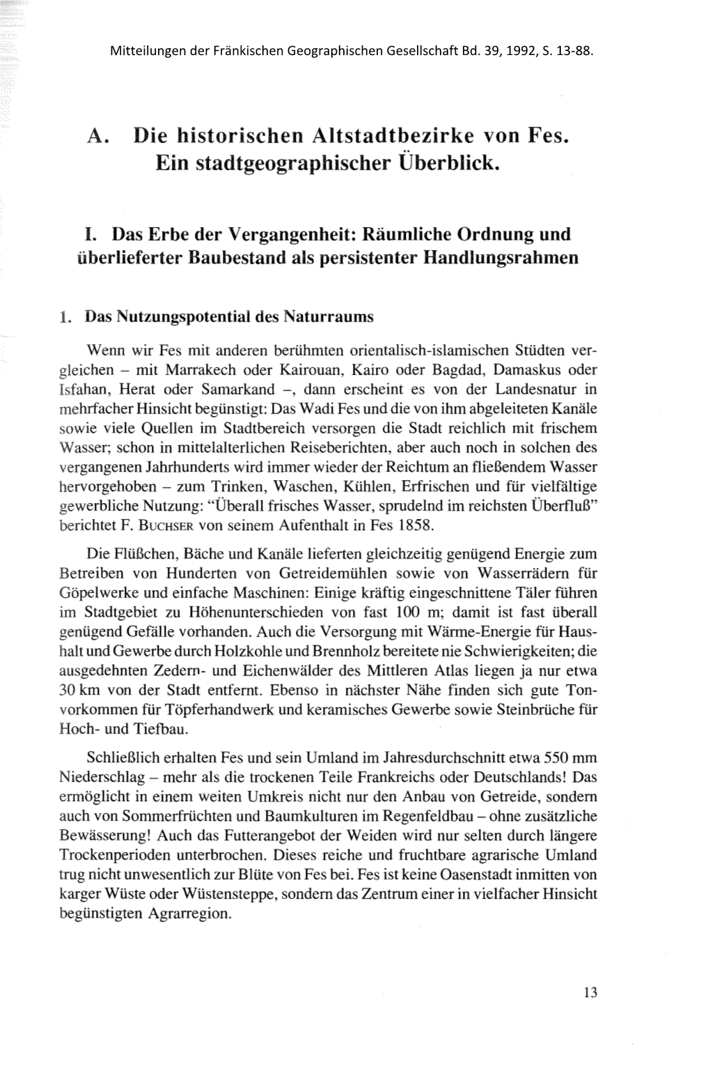 A. Die Historischen Altstadtbezirke Von Fes. Ein Stadtgeographischer Überblick