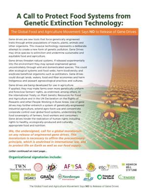 A Call to Protect Food Systems from Genetic Extinction Technology: the Global Food and Agriculture Movement Says NO to Release of Gene Drives