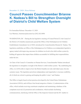 Council Passes Councilmember Brianne K. Nadeau's Bill To