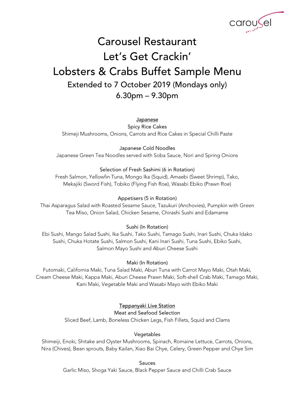 Carousel Restaurant Let's Get Crackin' Lobsters & Crabs Buffet Sample