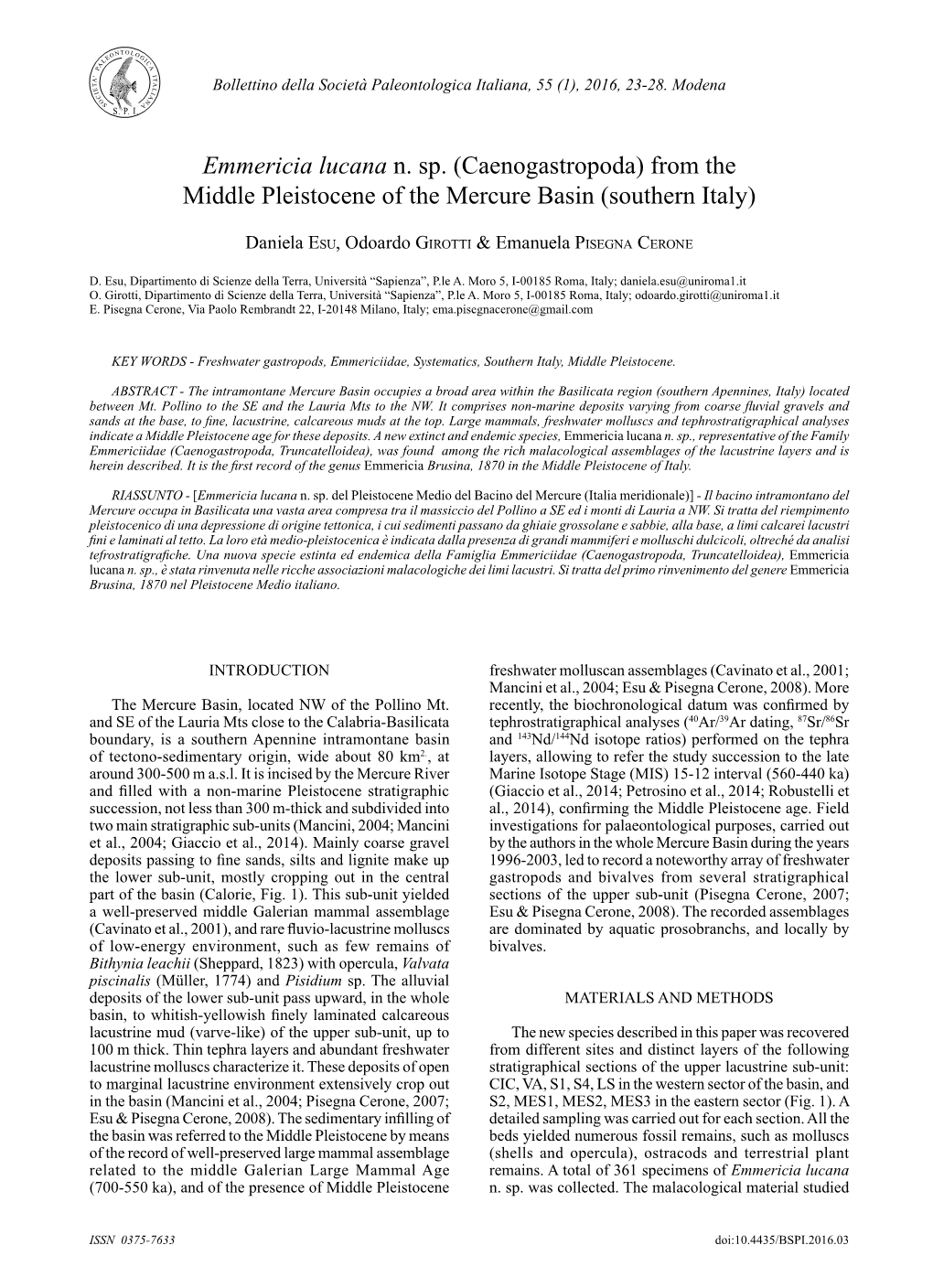 From the Middle Pleistocene of the Mercure Basin (Southern Italy)