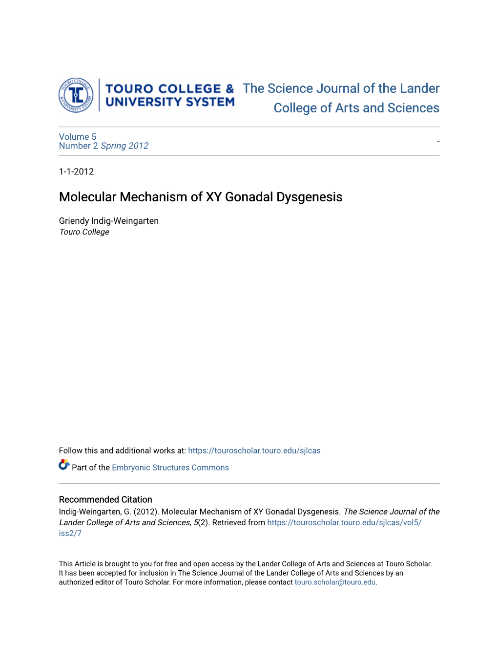 Molecular Mechanism of XY Gonadal Dysgenesis