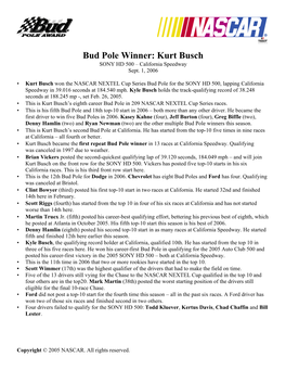 Bud Pole Winner: Kurt Busch SONY HD 500 – California Speedway Sept