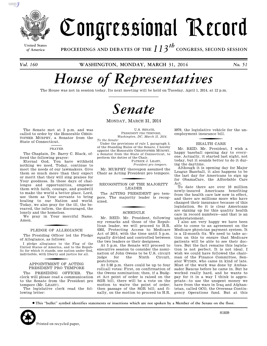 Congressional Record United States Th of America PROCEEDINGS and DEBATES of the 113 CONGRESS, SECOND SESSION