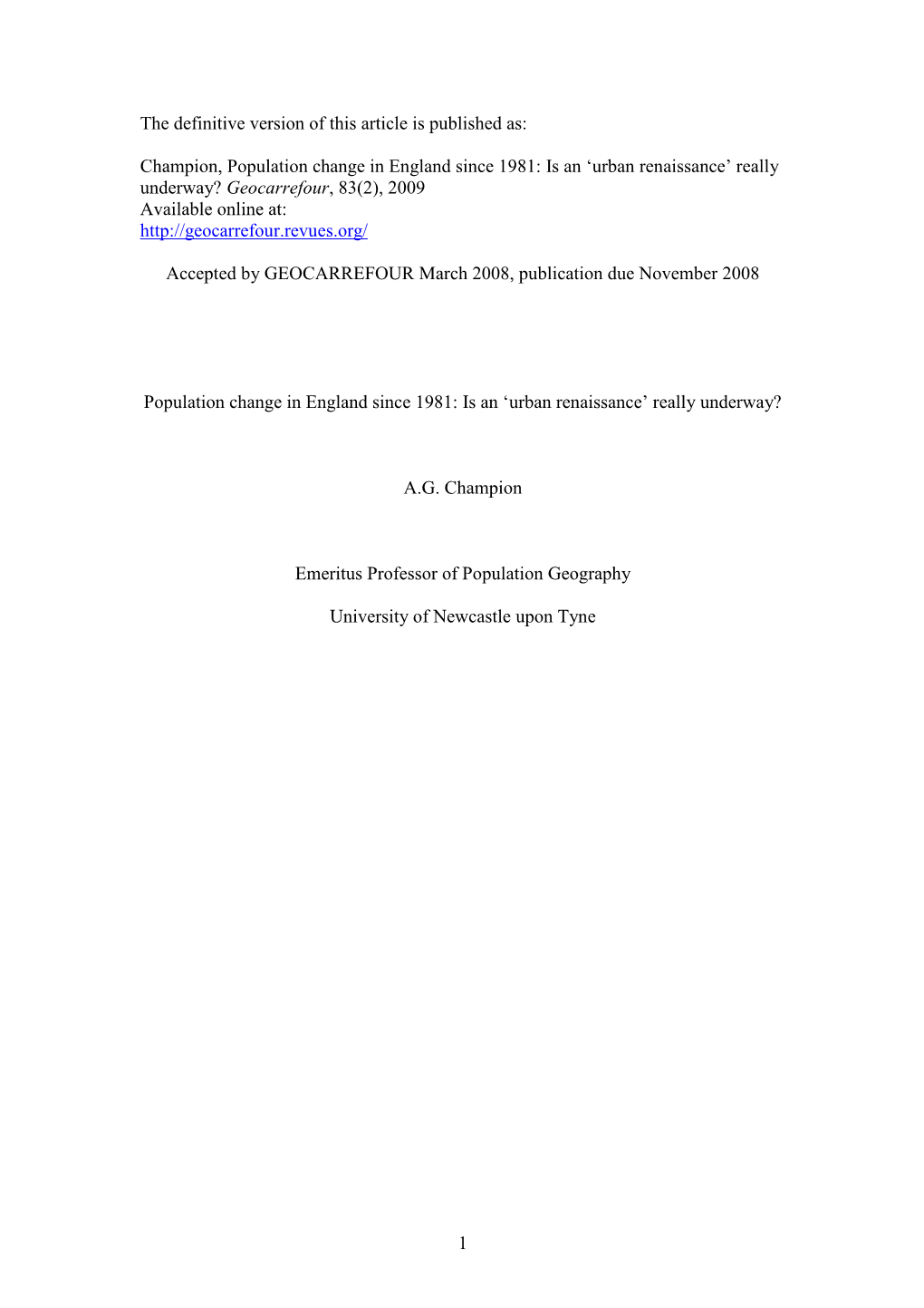 Champion, Population Change in England Since 1981: Is an 'Urban Rena