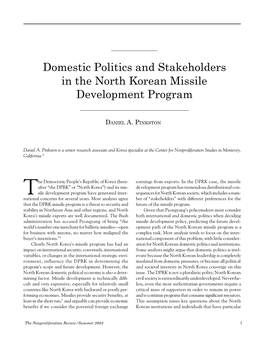 Domestic Politics and Stakeholders in the North Korean Missile Development Program