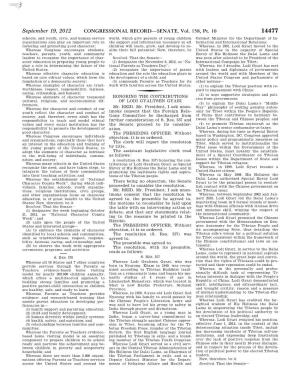 CONGRESSIONAL RECORD—SENATE, Vol. 158, Pt. 10 September 19, 2012 (1) Honors the Service of Lodi Gyaltsen Completes Its Business Today, It Ad- GEORGE E