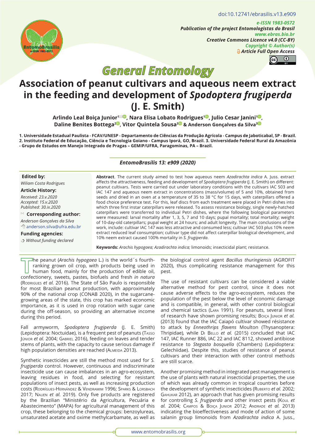 Association of Peanut Cultivars and Aqueous Neem Extract in the Feeding and Development of Spodoptera Frugiperda (J