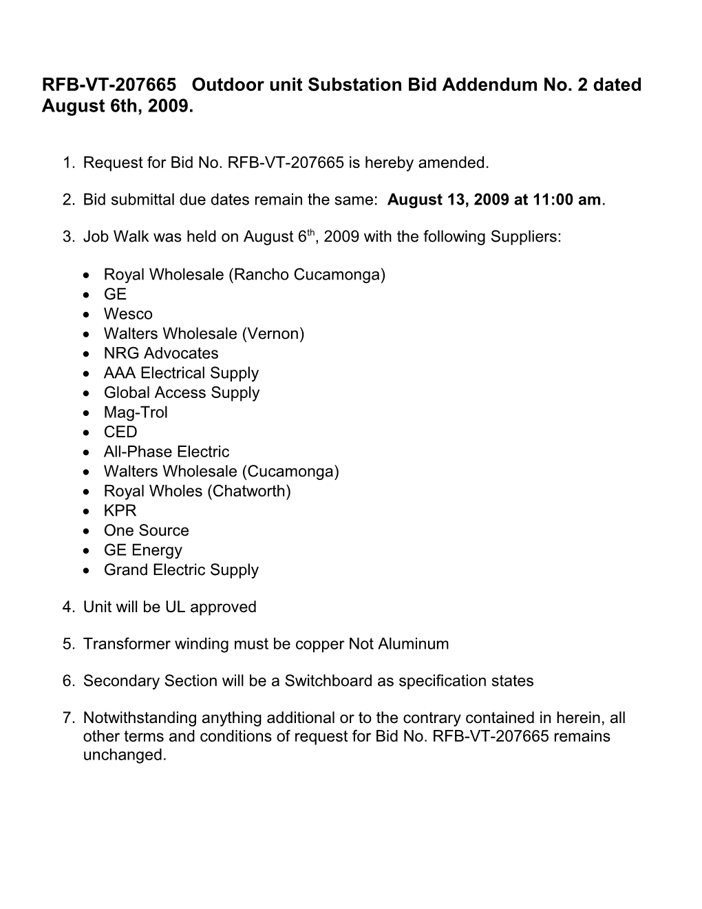 RFB-VT-207665 Outdoor Unit Substation Bid Addendum No. 2 Dated August 6Th, 2009