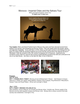 Morocco - Imperial Cities and the Sahara Tour Merry and David Fredrick’S 2016 Tour 12 Nights and 13 Days Tour