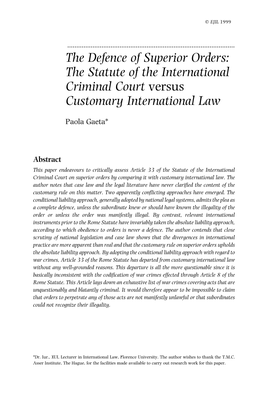 The Defence of Superior Orders: the Statute of the International Criminal Court Versus Customary International Law
