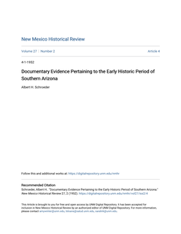 Documentary Evidence Pertaining to the Early Historic Period of Southern Arizona
