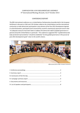 CAMPAIGN for a UN PARLIAMENTARY ASSEMBLY 5Th International Meeting, Brussels, 16/17 October 2013 CONFERENCE REPORT