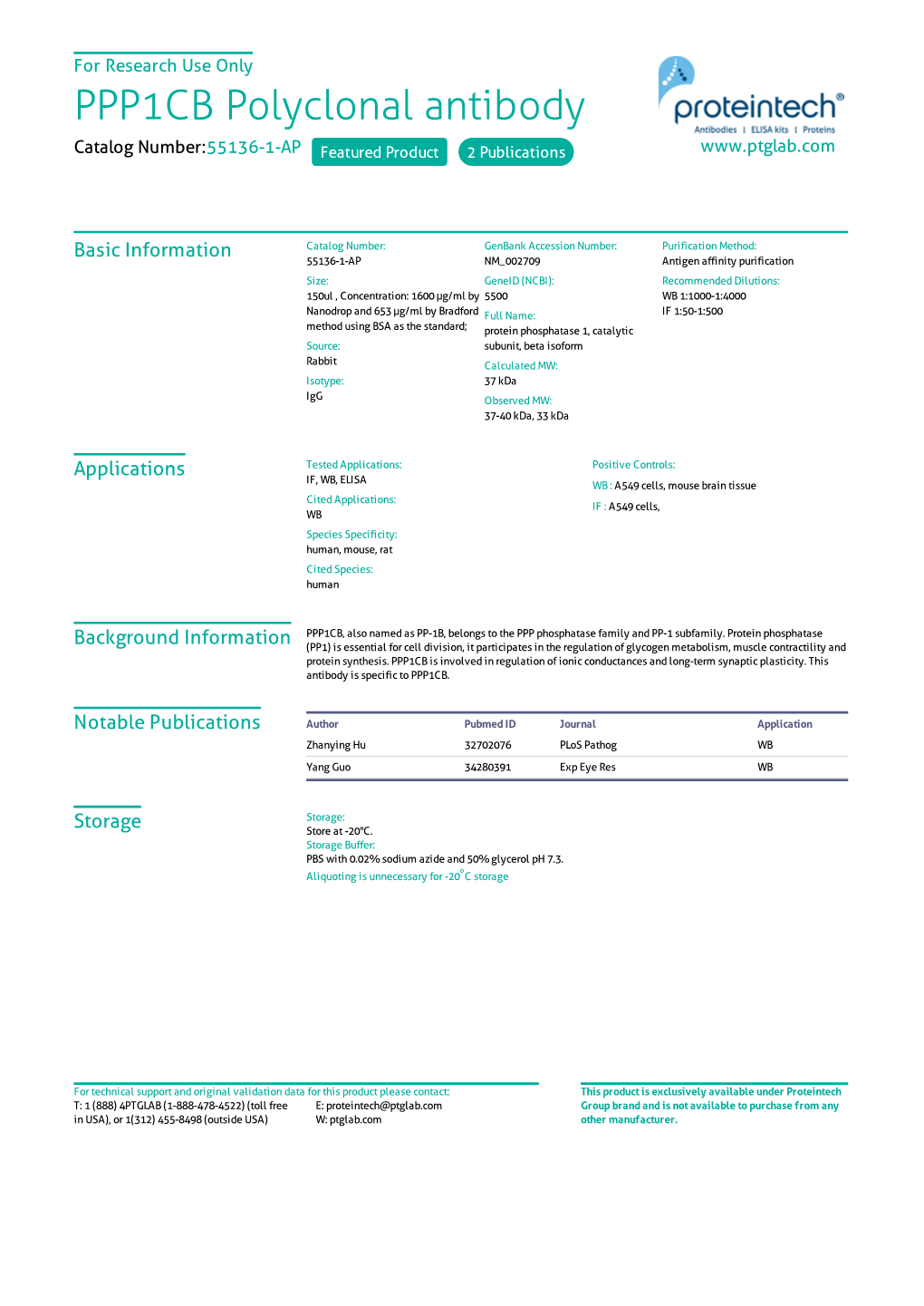 PPP1CB Polyclonal Antibody Catalog Number:55136-1-AP Featured Product 2 Publications