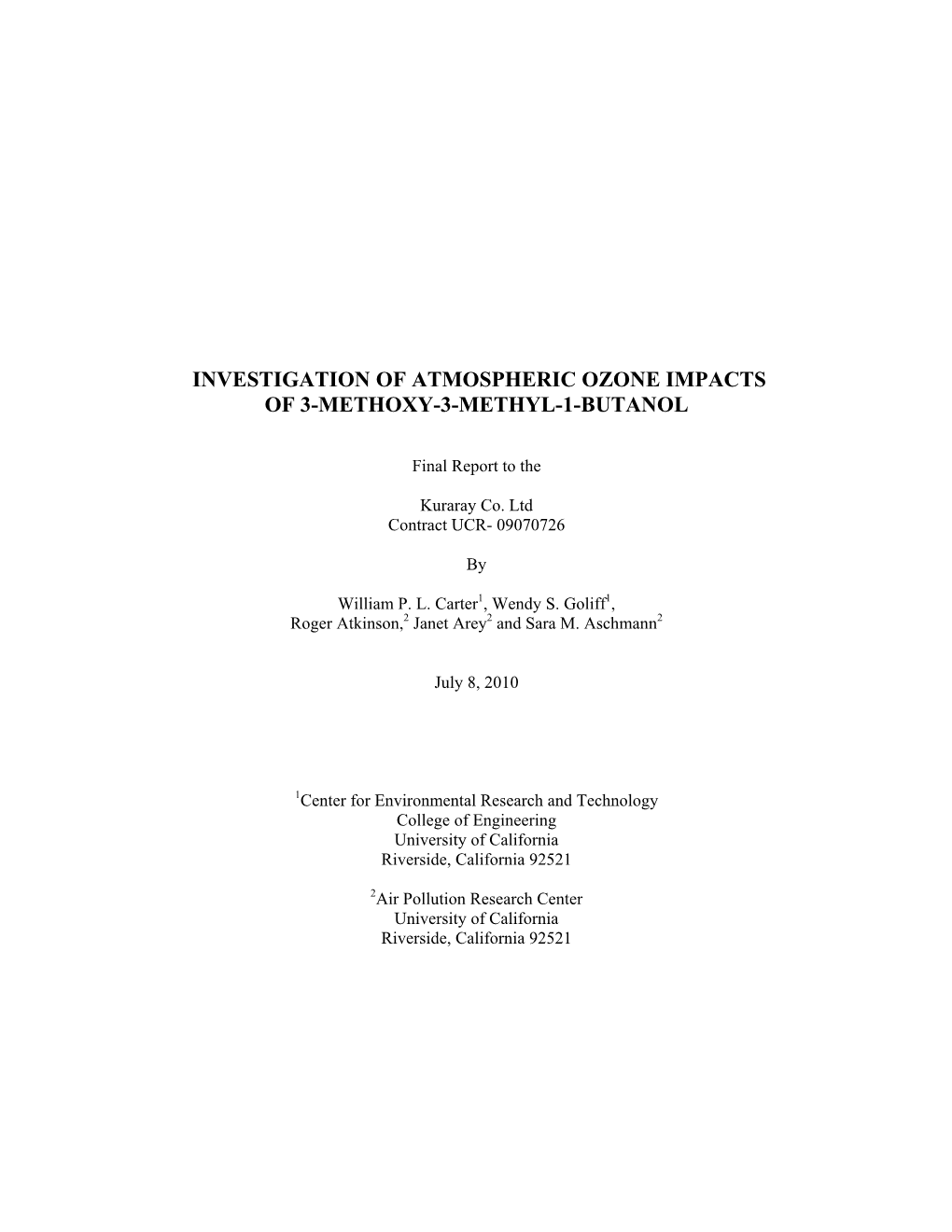 Investigation of Atmospheric Ozone Impacts of 3-Methoxy-3-Methyl-1-Butanol