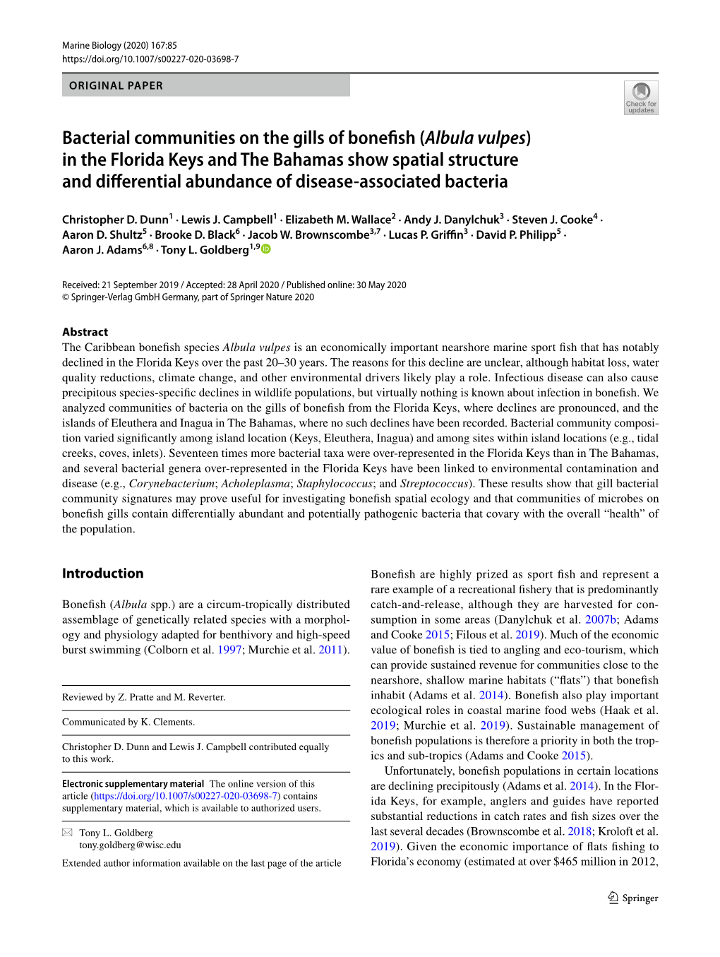 Bacterial Communities on the Gills of Bonefish (Albula Vulpes) in the Florida Keys and the Bahamas Show Spatial Structure and Di