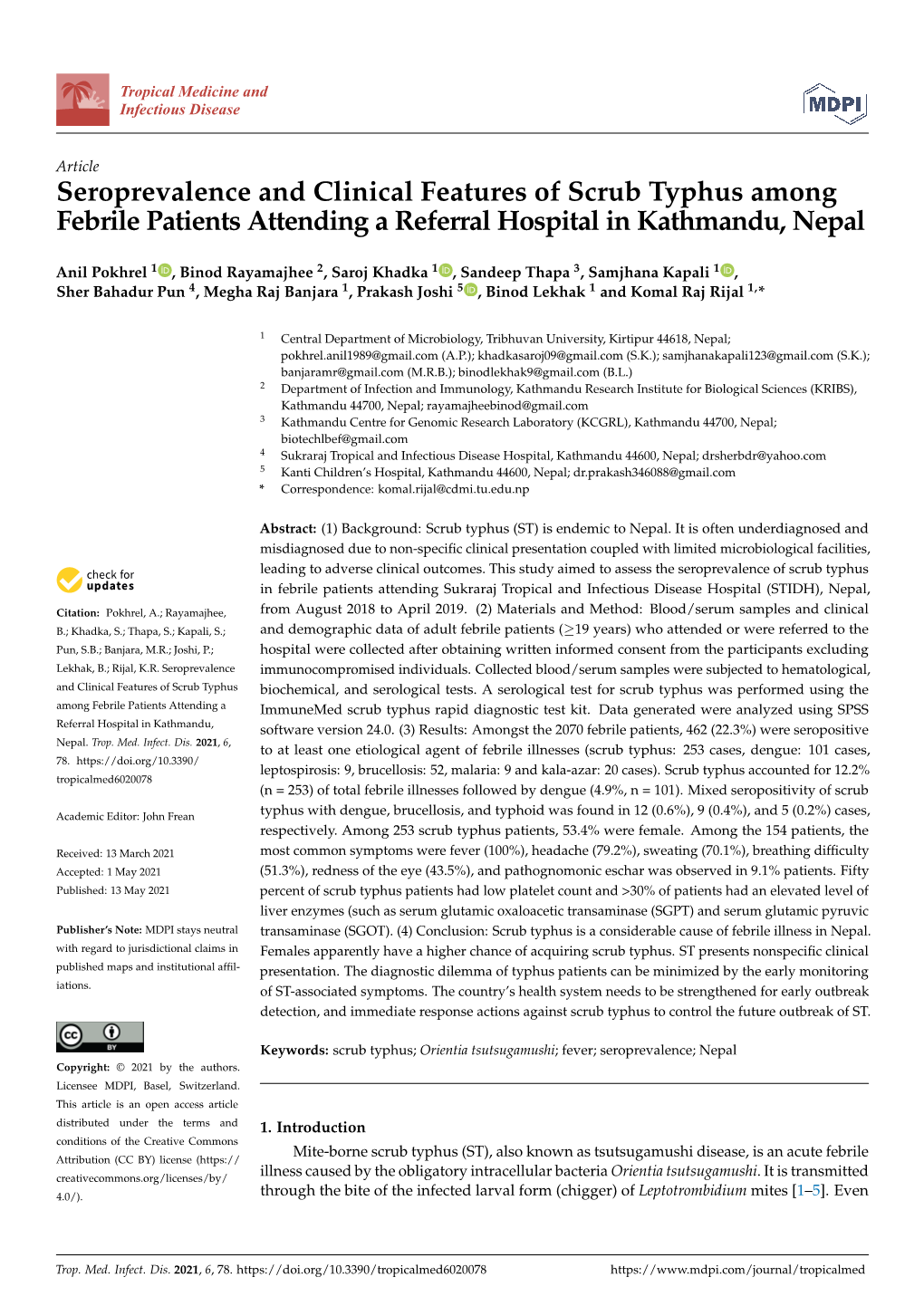 Seroprevalence and Clinical Features of Scrub Typhus Among Febrile Patients Attending a Referral Hospital in Kathmandu, Nepal