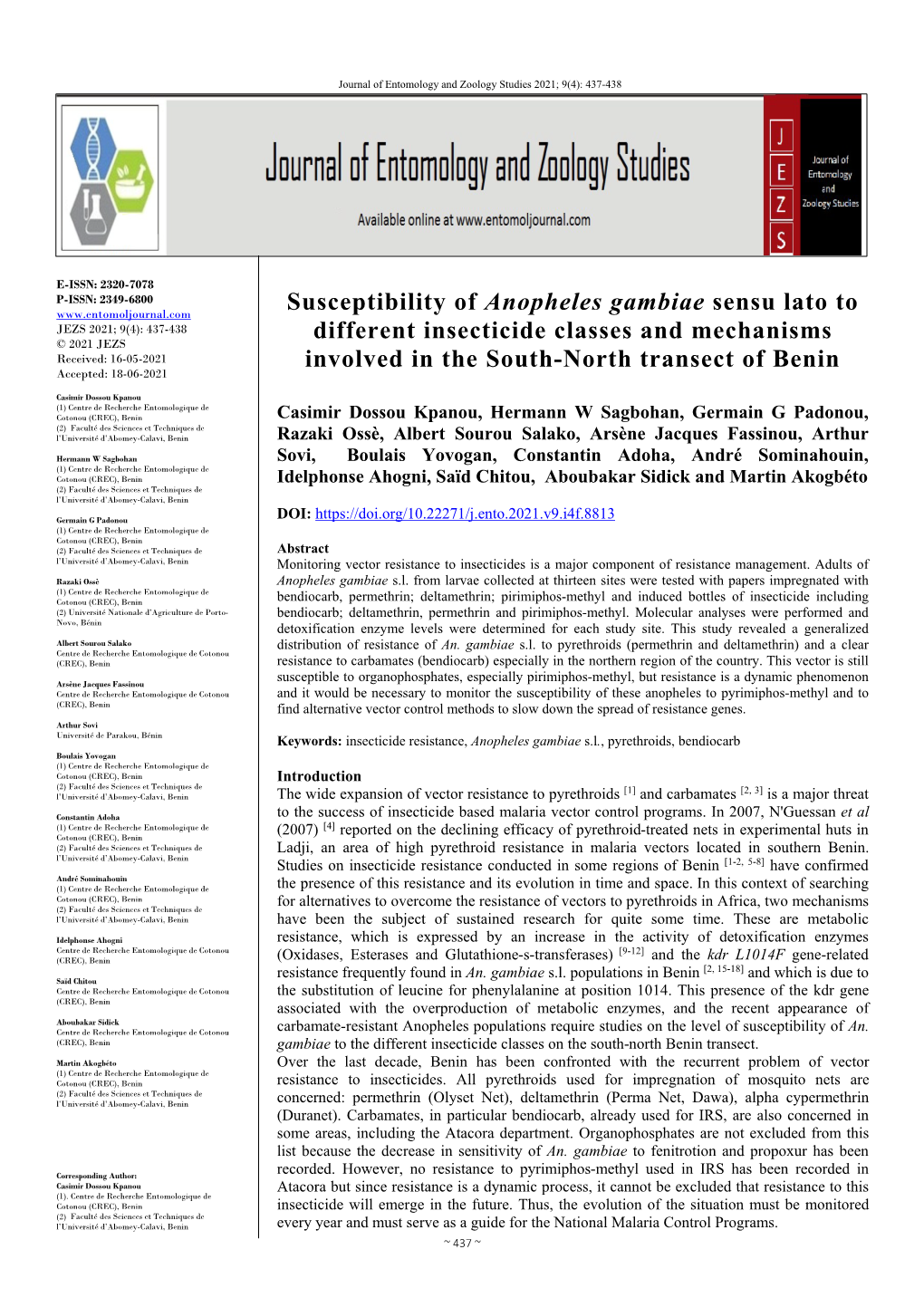 Susceptibility of Anopheles Gambiae Sensu Lato to Different Insecticide