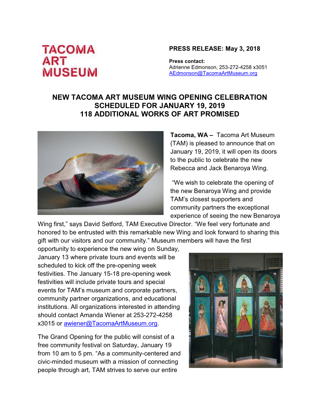 New Tacoma Art Museum Wing Opening Celebration Scheduled for January 19, 2019 118 Additional Works of Art Promised