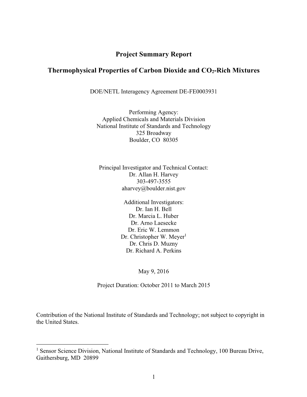 Project Summary Report Thermophysical Properties of Carbon Dioxide and CO2-Rich Mixtures