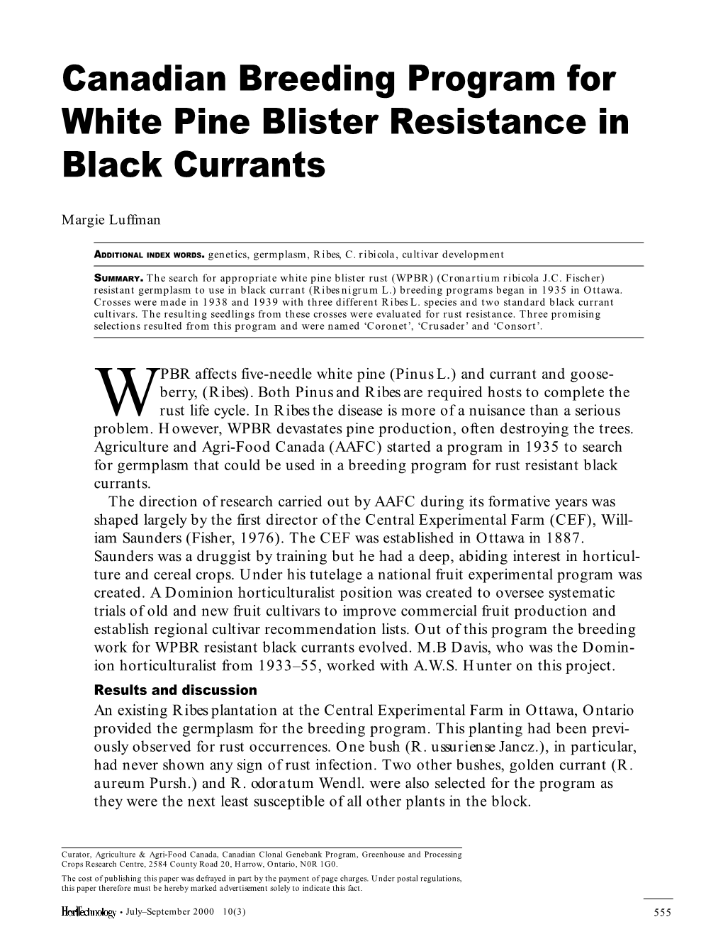 Canadian Breeding Program for White Pine Blister Resistance in Black Currants