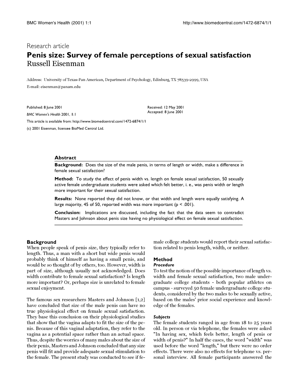 Penis Size: Survey of Female Perceptions of Sexual Satisfaction Russell Eisenman