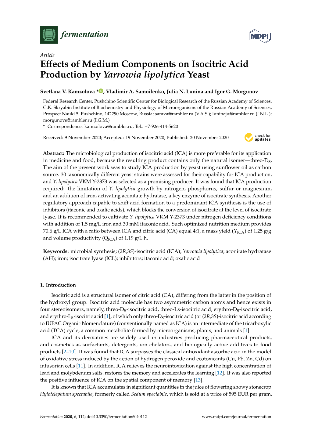 Effects of Medium Components on Isocitric Acid Production By