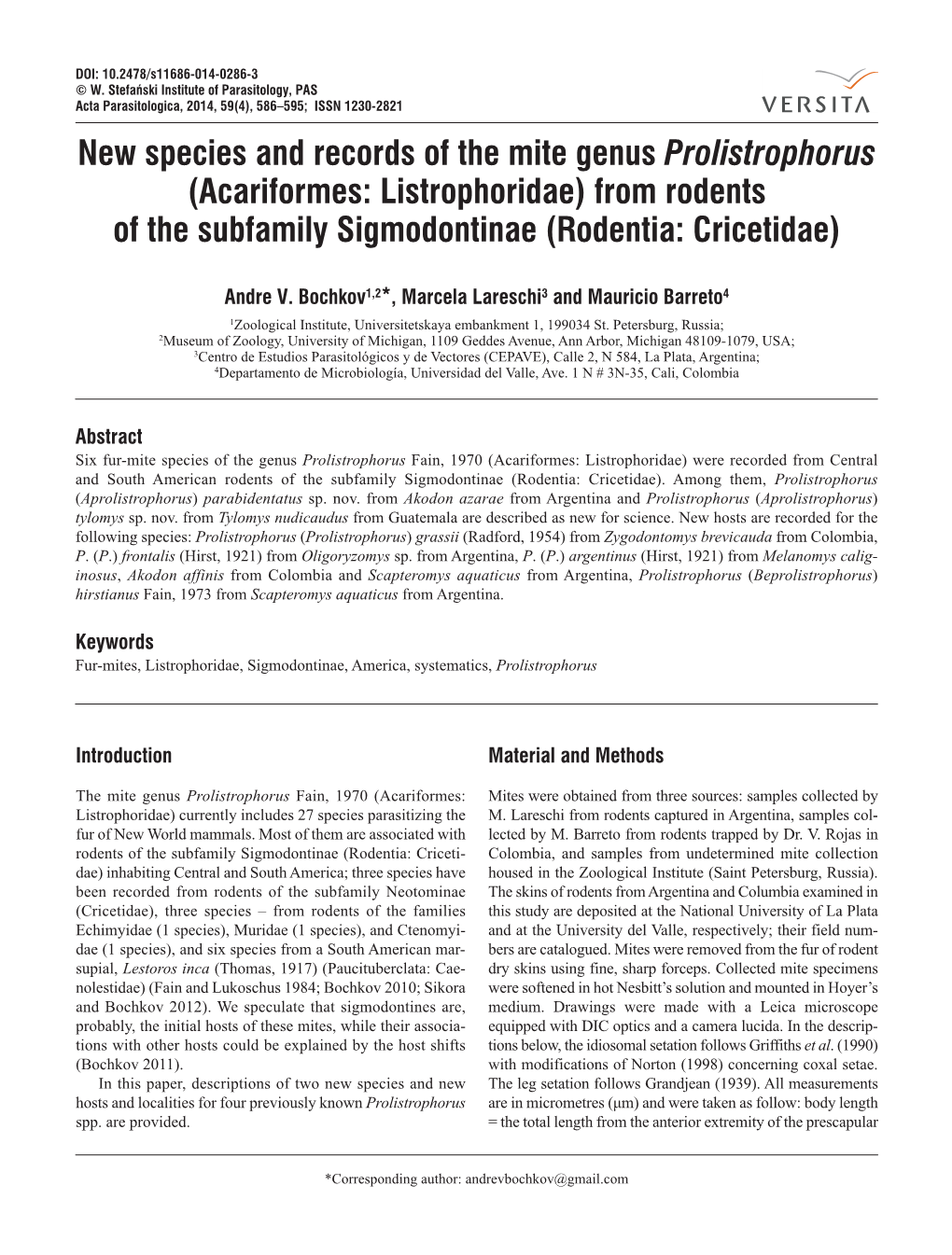 Acariformes: Listrophoridae) from Rodents of the Subfamily Sigmodontinae (Rodentia: Cricetidae)