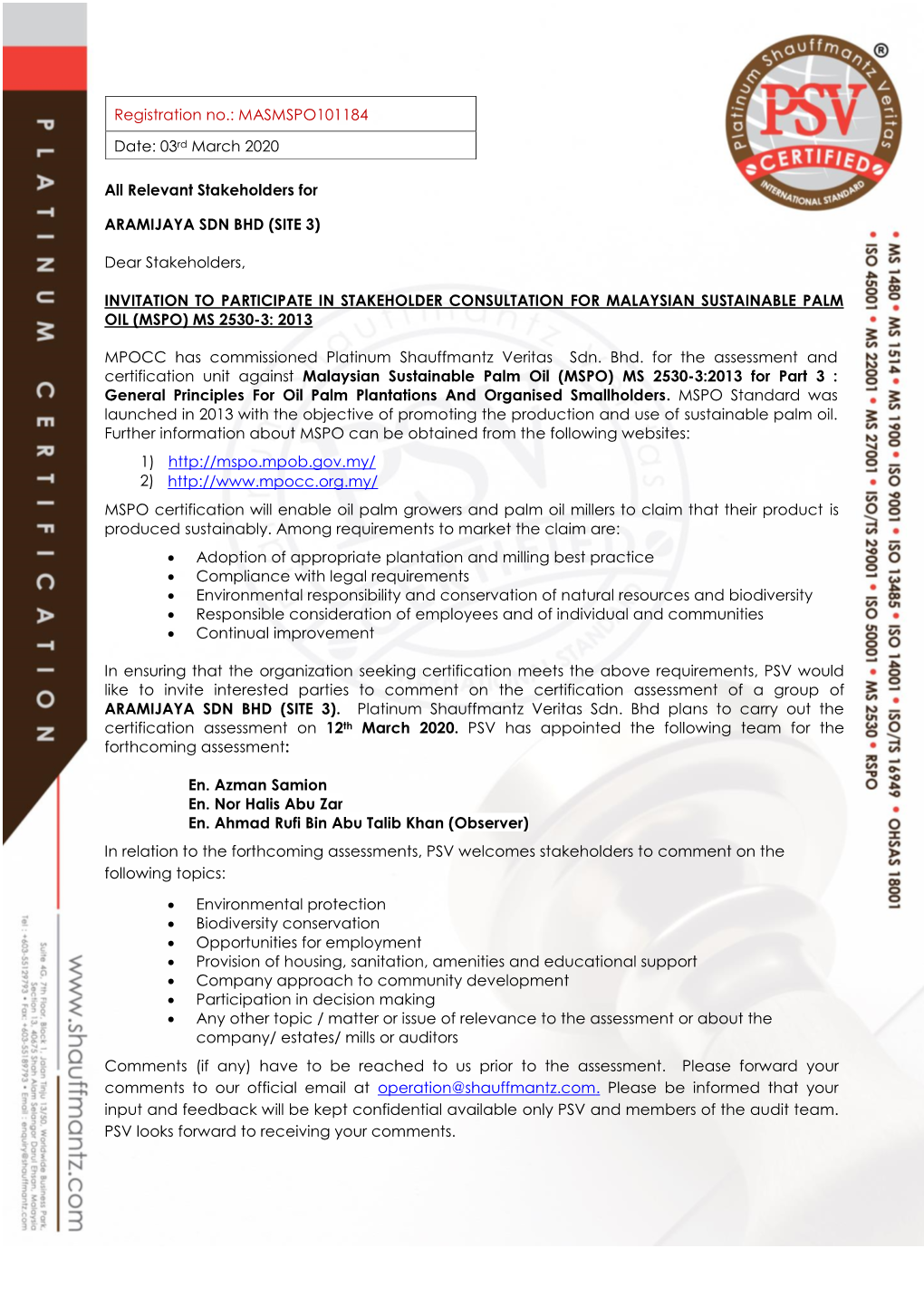 Dear Stakeholders, INVITATION to PARTICIPATE in STAKEHOLDER