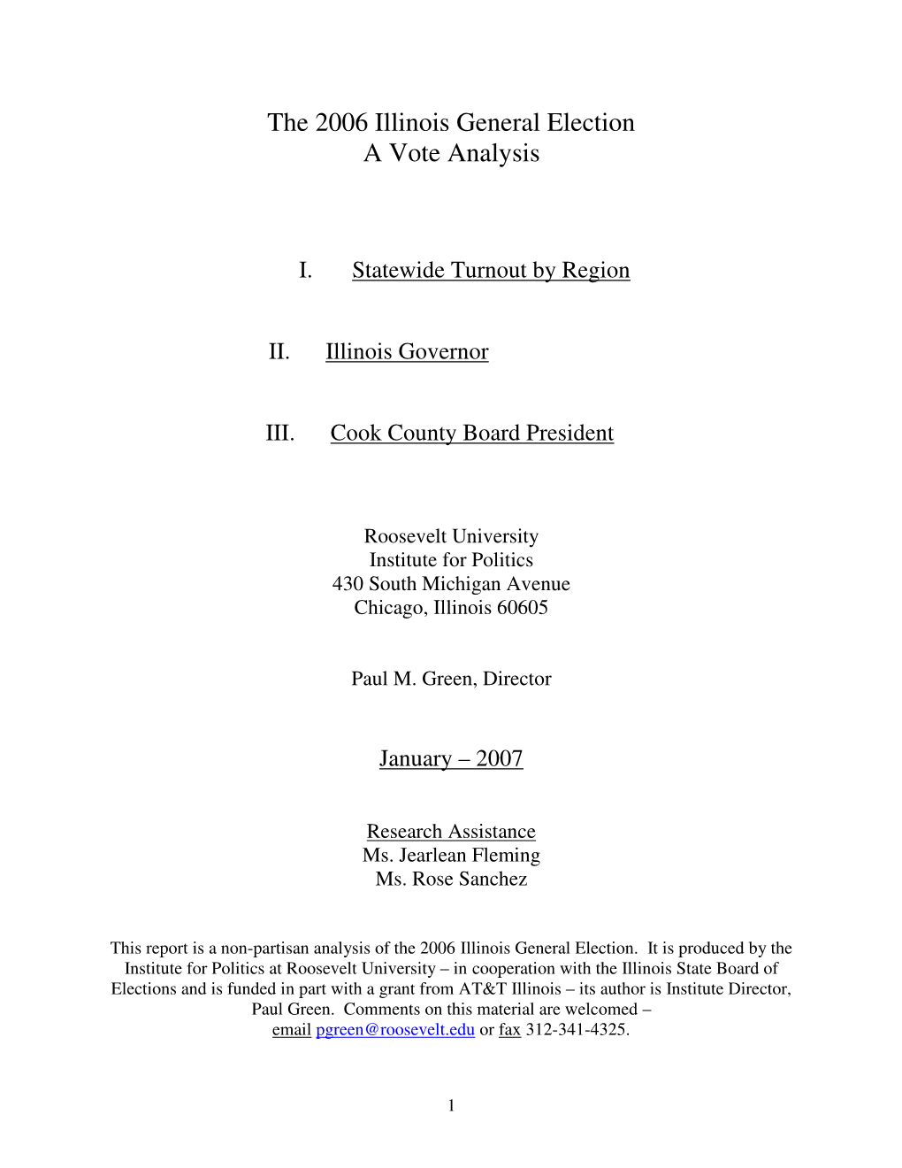 The 2006 Illinois General Election a Vote Analysis