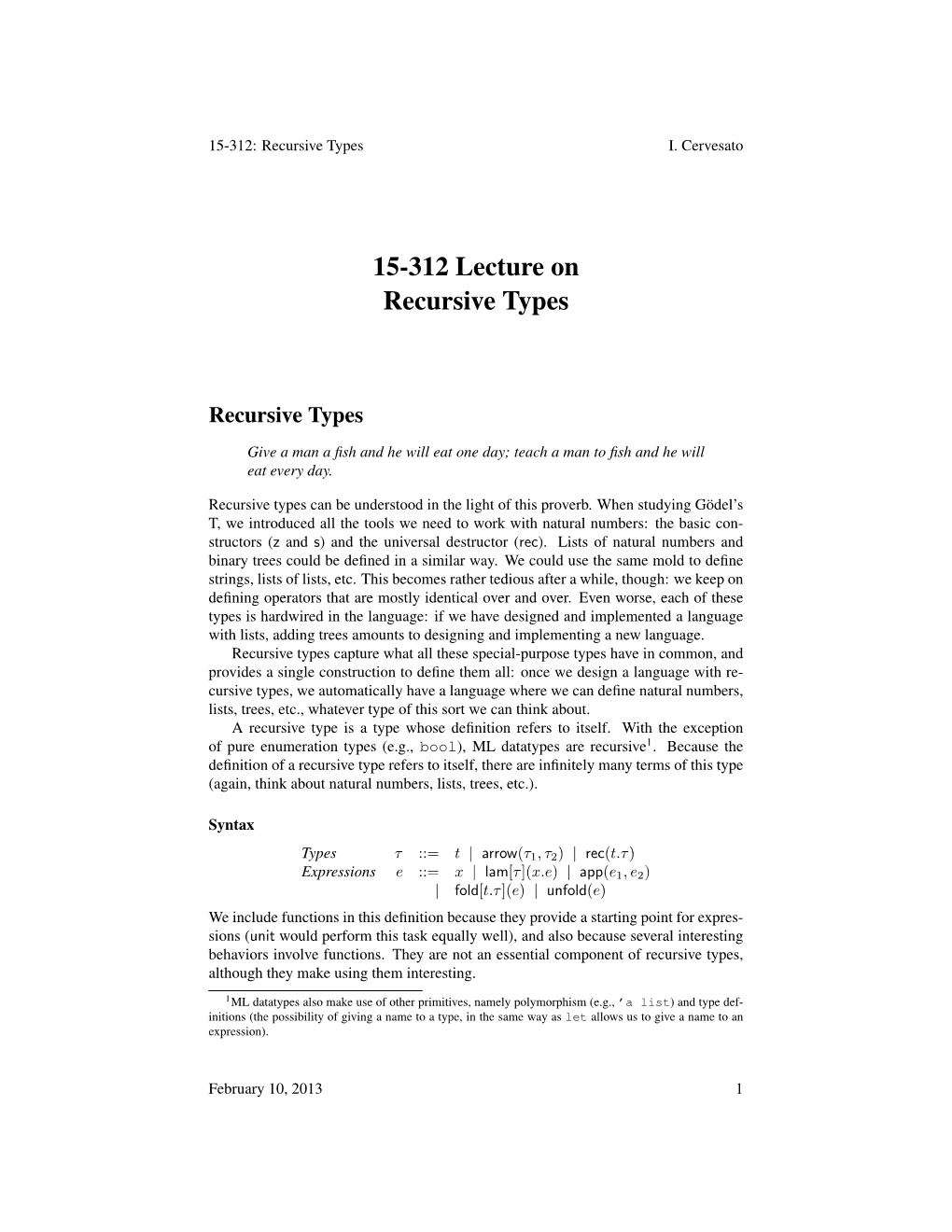 15-312 Lecture on Recursive Types