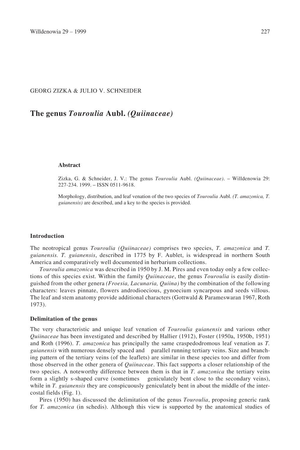 The Genus Touroulia Aubl. (Quiinaceae)