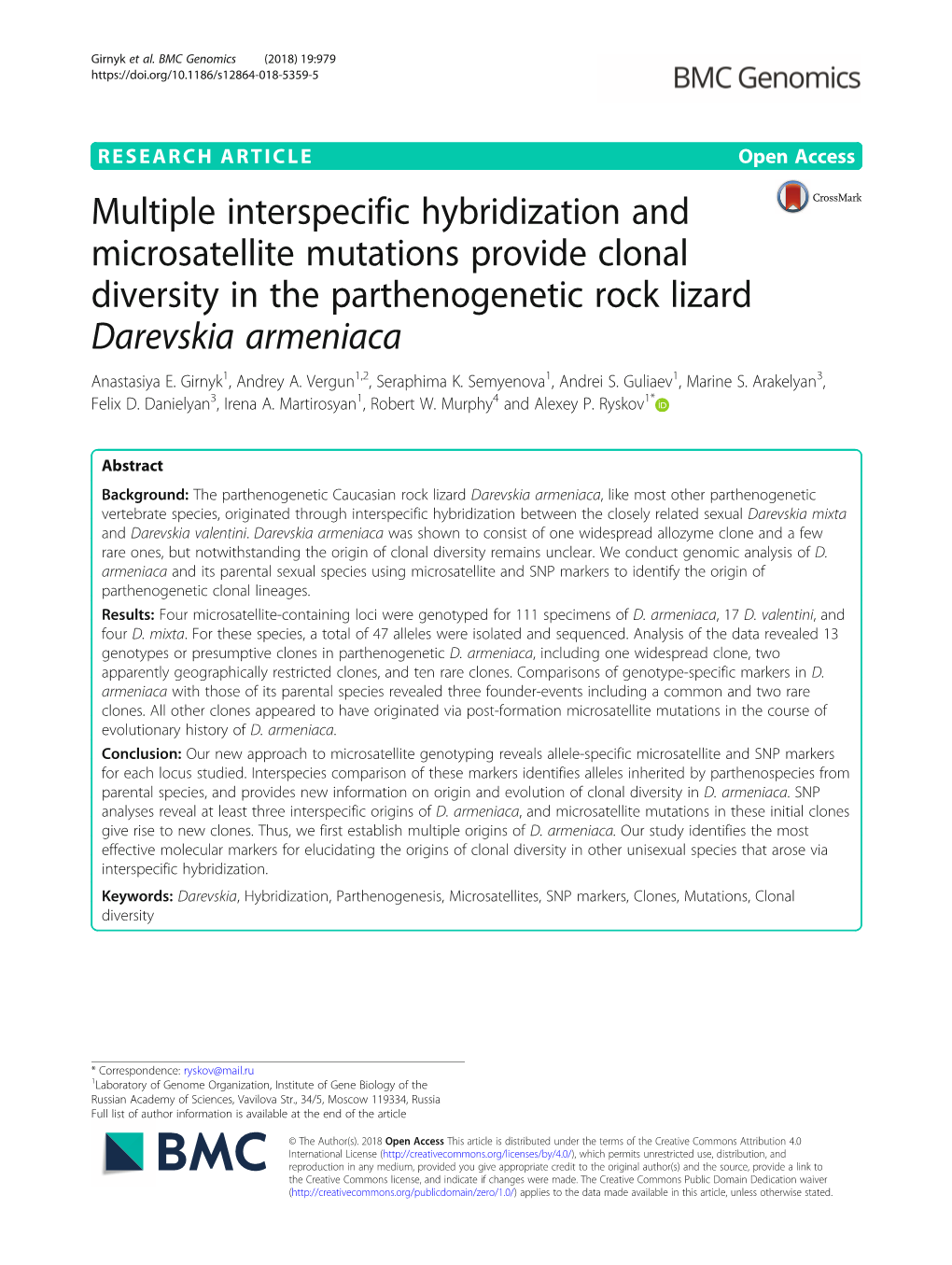 Multiple Interspecific Hybridization and Microsatellite Mutations Provide Clonal Diversity in the Parthenogenetic Rock Lizard Darevskia Armeniaca