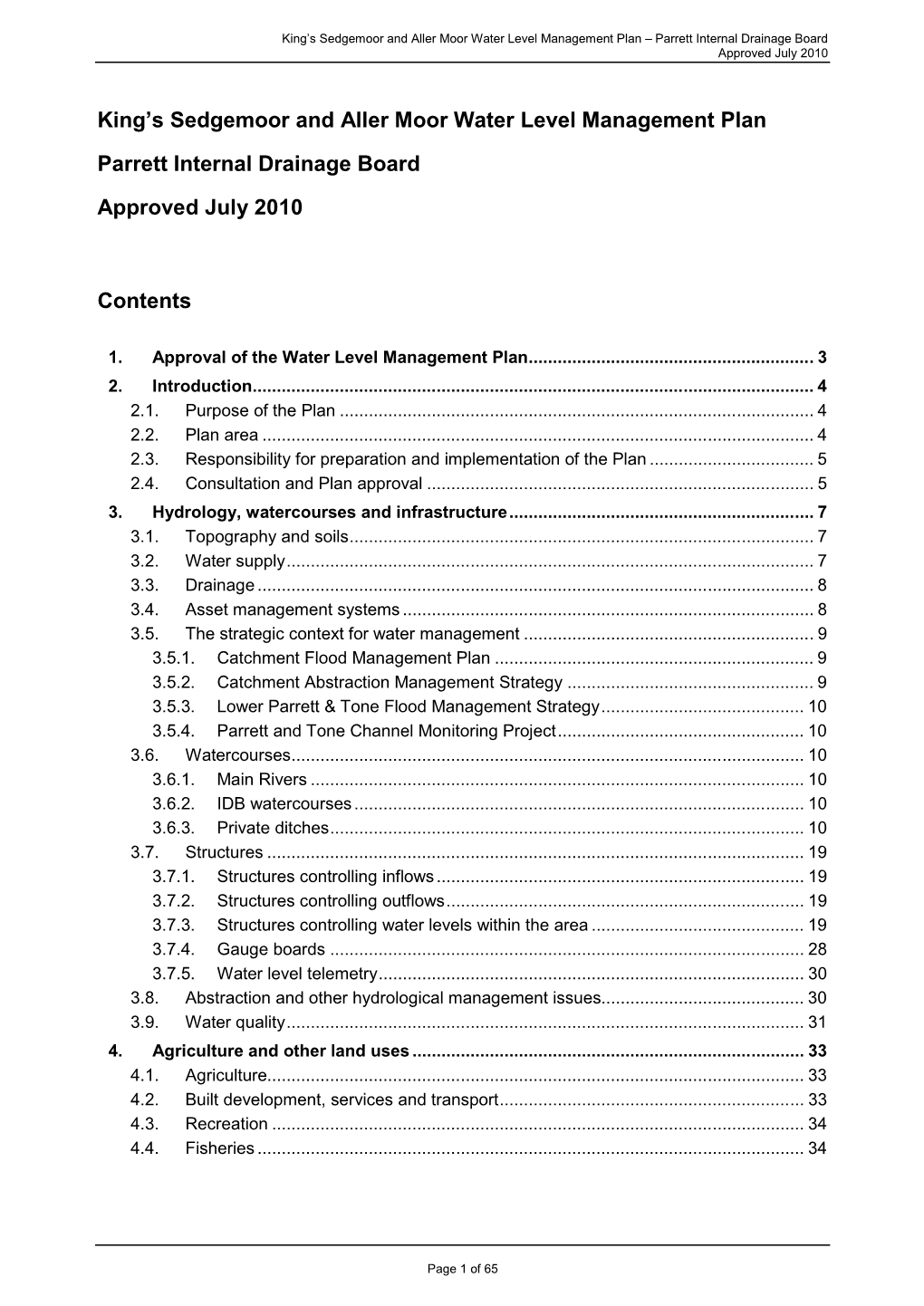 King's Sedgemoor and Aller Moor Water Level Management Plan