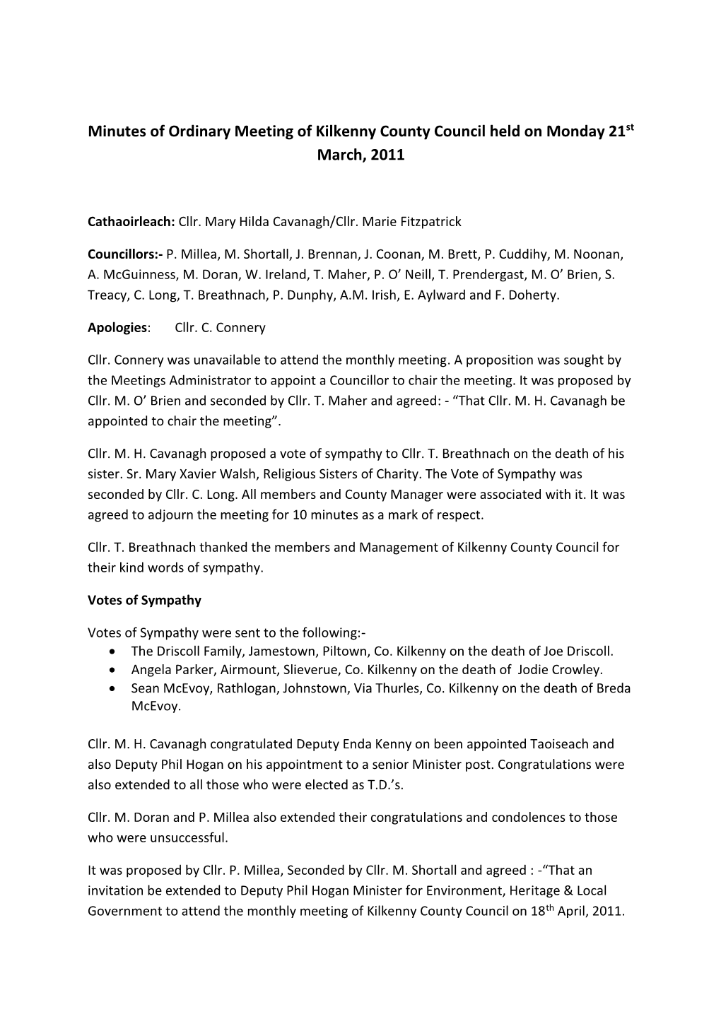 Minutes of Ordinary Meeting of Kilkenny County Council Held on Monday 21St March, 2011