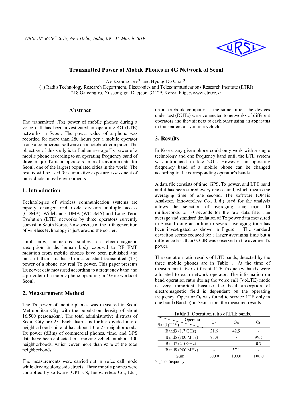 Transmitted Power of Mobile Phones in 4G Network of Seoul Abstract 1. Introduction 2. Measurement Method 3. Results