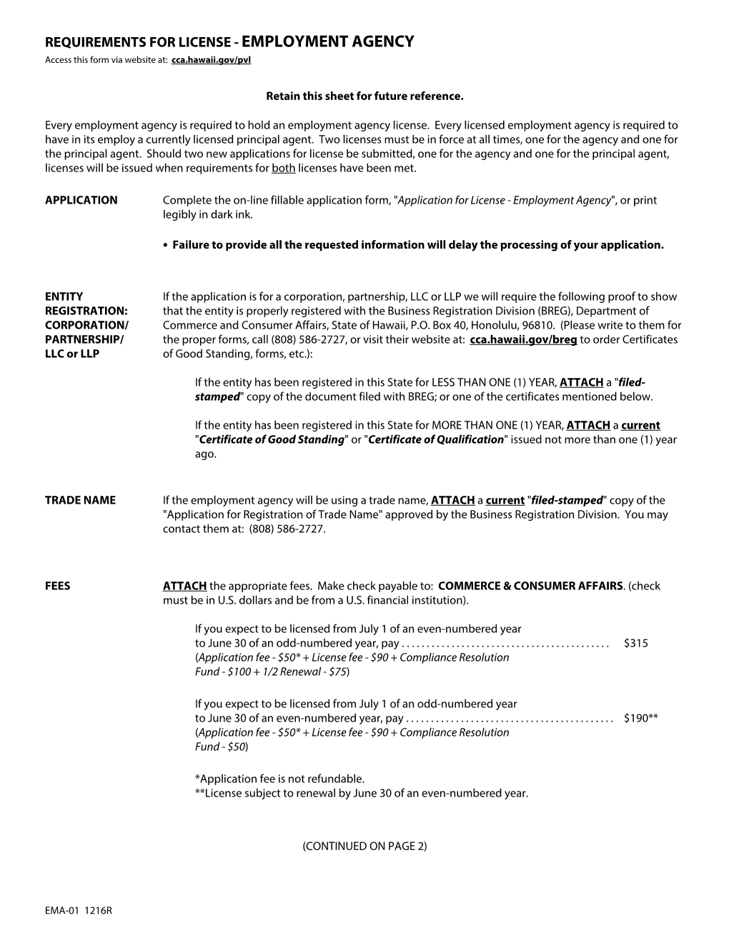 EMPLOYMENT AGENCY Access This Form Via Website At: Cca.Hawaii.Gov/Pvl