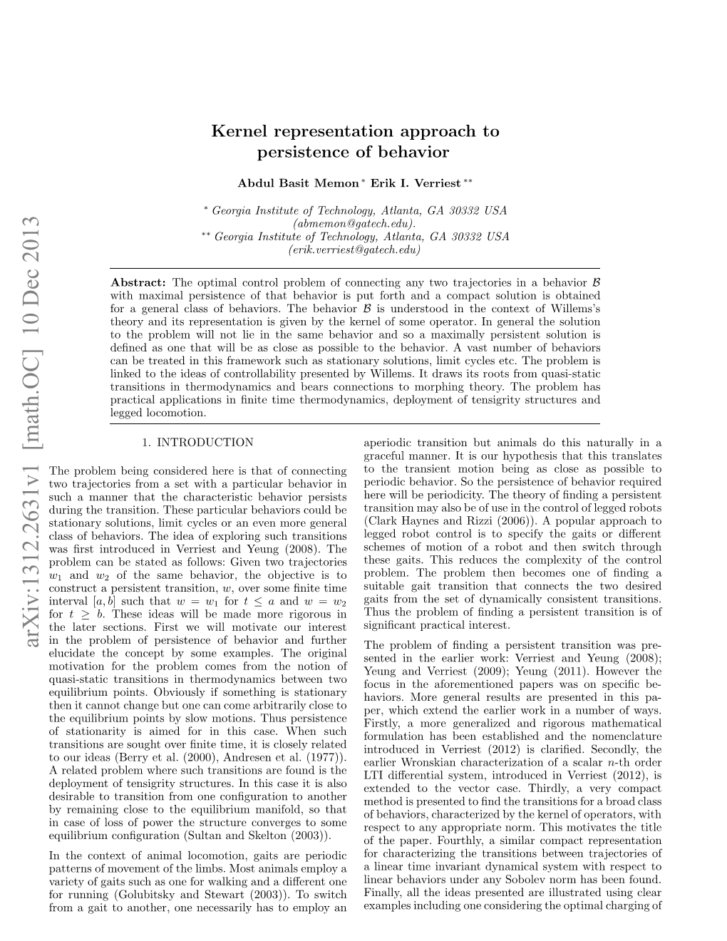 Arxiv:1312.2631V1 [Math.OC] 10 Dec 2013 Nevl[ Interval Osrc Essettransition, Persistent a Construct for Trajectories Two the Given (2008)