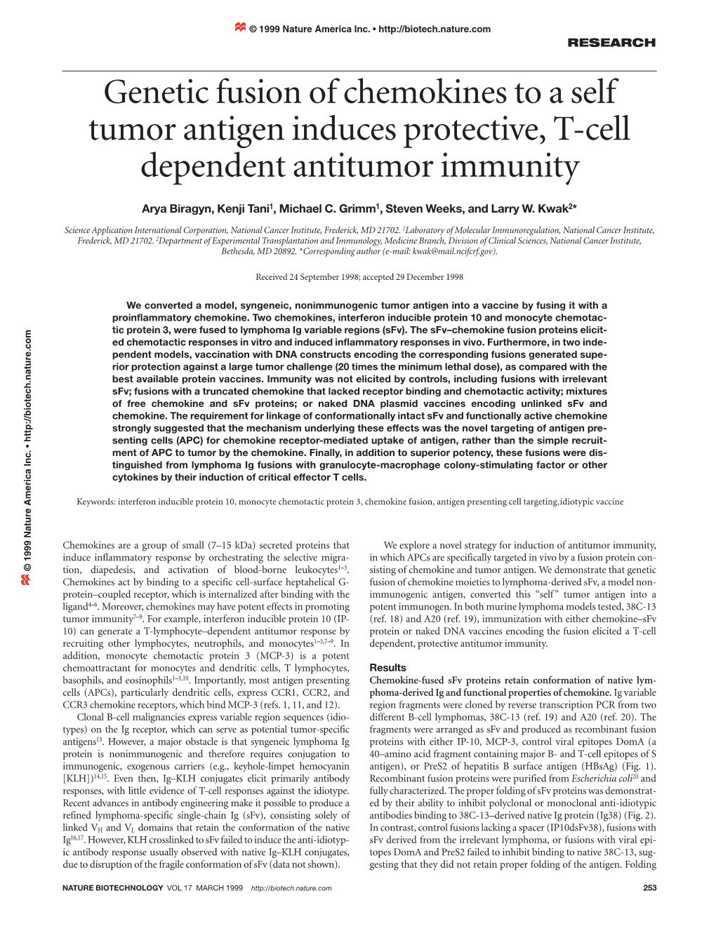 Genetic Fusion of Chemokines to a Self Tumor Antigen Induces Protective, T-Cell Dependent Antitumor Immunity