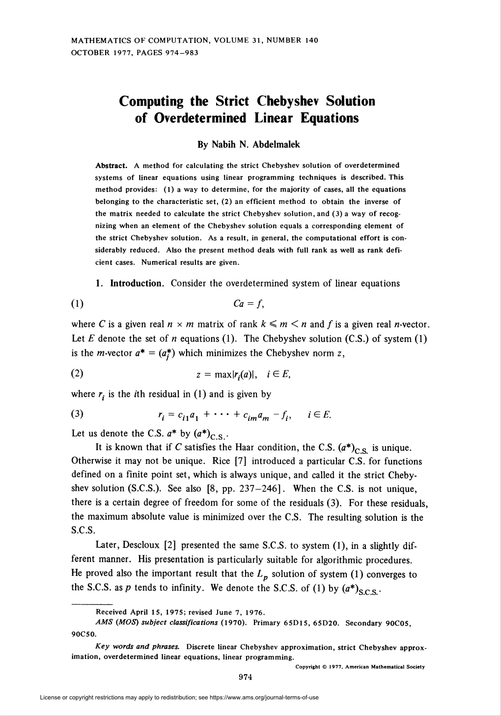 Computing the Strict Chebyshev Solution of Overdetermined Linear Equations