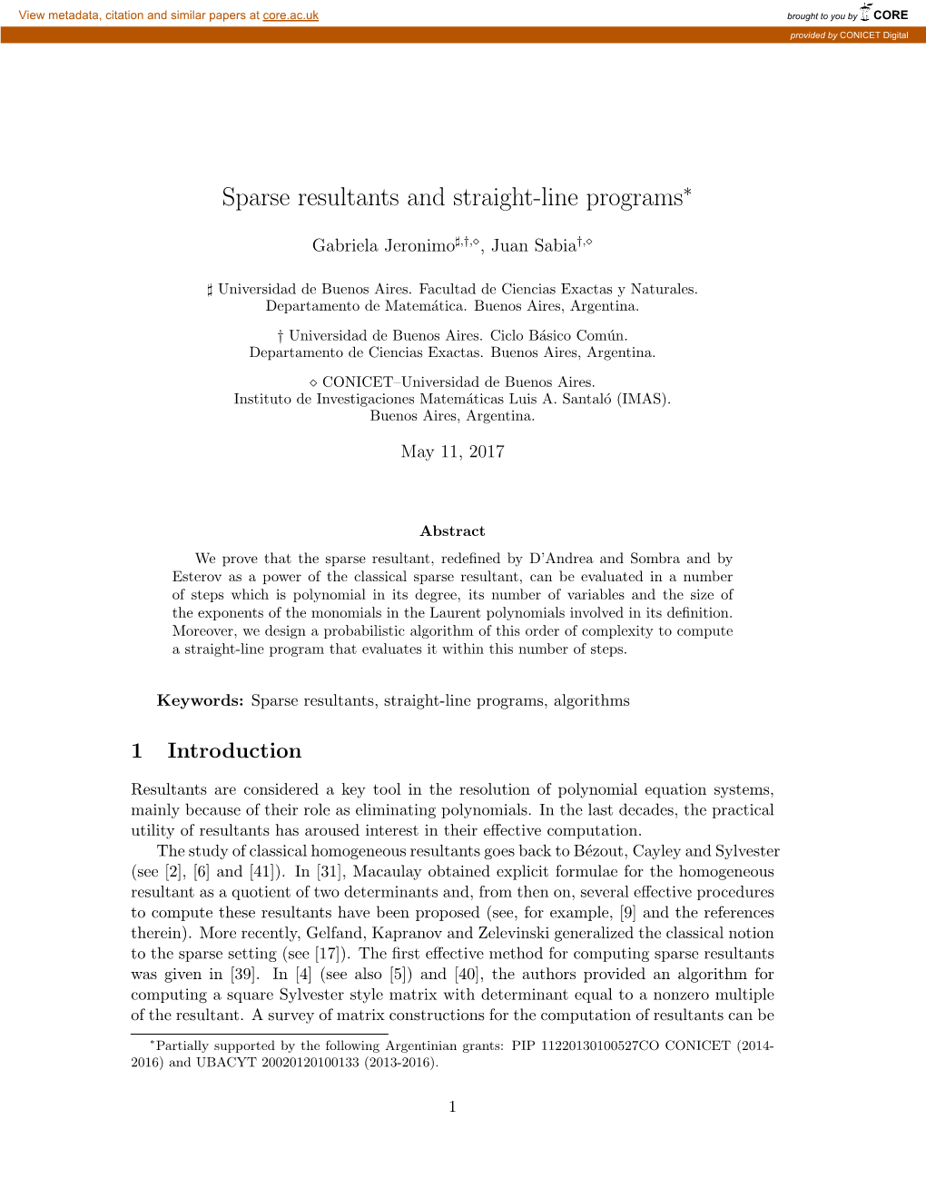 Sparse Resultants and Straight-Line Programs∗