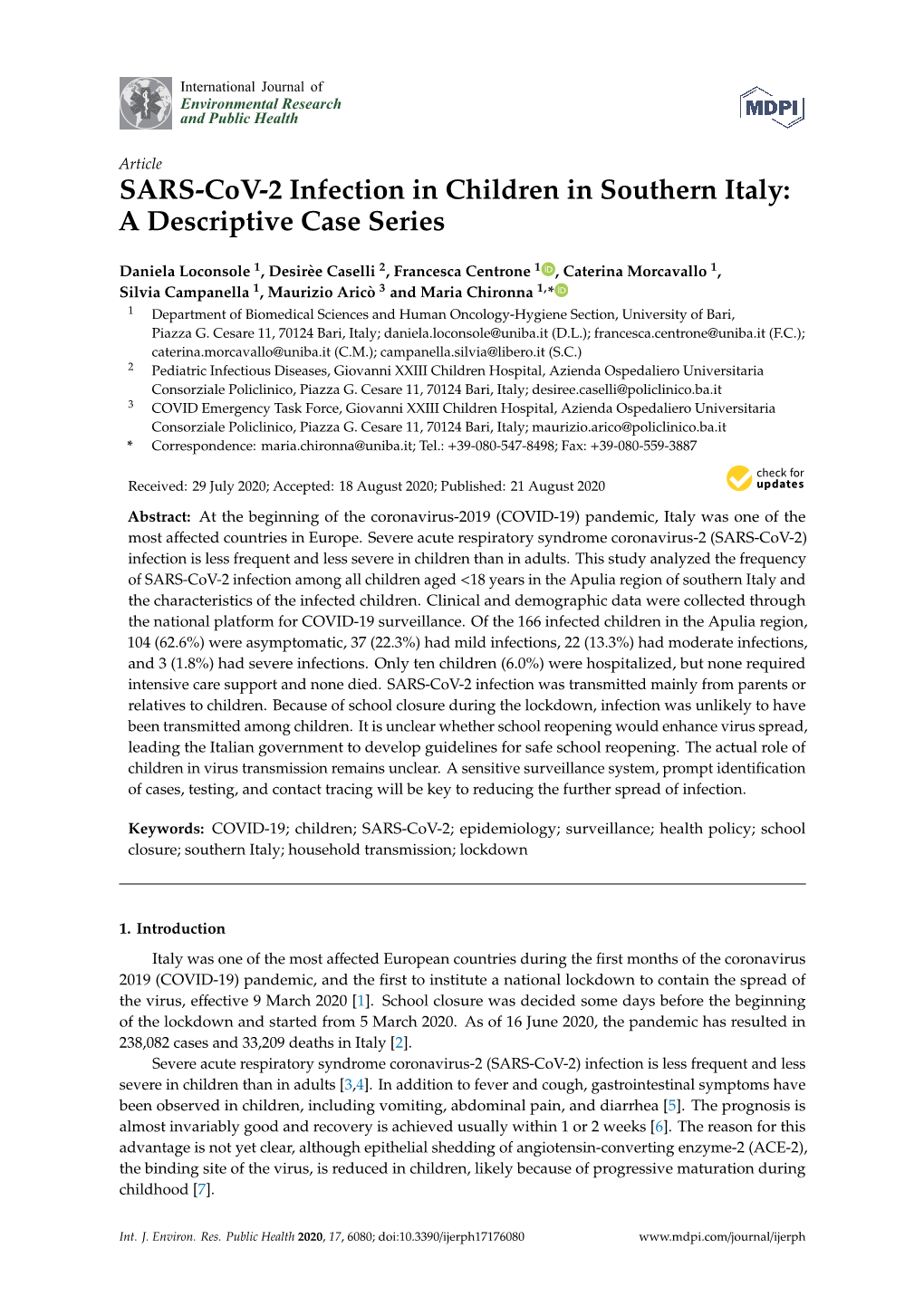 SARS-Cov-2 Infection in Children in Southern Italy: a Descriptive Case Series